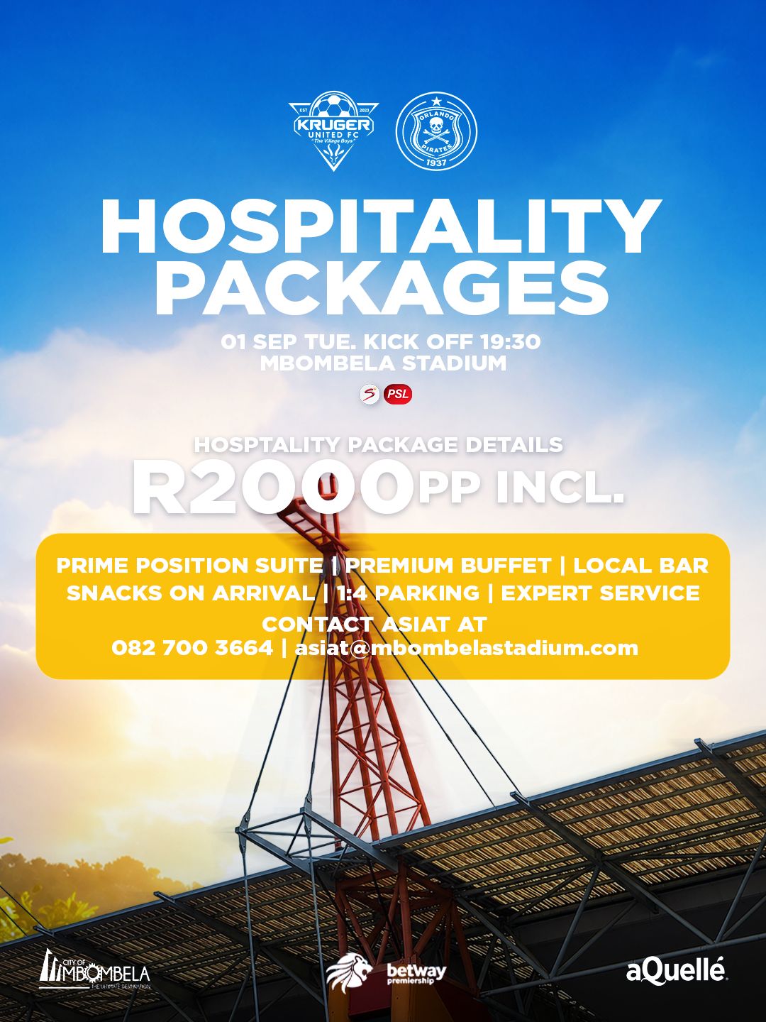 Hospitality Tickets Available for Kruger United vs Orlando Pirates